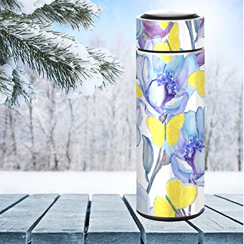 CaTaKu Yellow Butterfly Flower Water Bottle Insulated 16 oz Stainless Steel Flask Thermos Bottle for Coffee Water Drink Reusable Wide Mouth Vacuum Travel Mug Cup