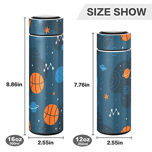 CaTaKu Small Water Bottle 12 oz, Space Planet Basketball Insulated Water Bottle for Water Coffee Tea Stainless Steel Flask Thermos Bottle Reusable Wide Mouth Vacuum Travel Mug