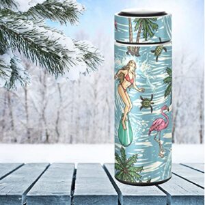 CaTaKu Flamingo Beach Turtle Water Bottle Insulated 16 oz Stainless Steel Flask Thermos Bottle for Coffee Water Drink Reusable Wide Mouth Vacuum Travel Mug Cup