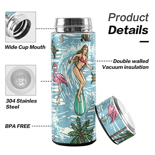 CaTaKu Flamingo Beach Turtle Water Bottle Insulated 16 oz Stainless Steel Flask Thermos Bottle for Coffee Water Drink Reusable Wide Mouth Vacuum Travel Mug Cup