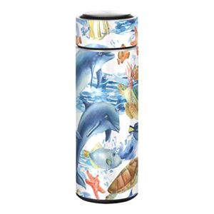 cataku small water bottle 12 oz, sea life fish turtle insulated water bottle for water coffee tea stainless steel flask thermos bottle reusable wide mouth vacuum travel mug