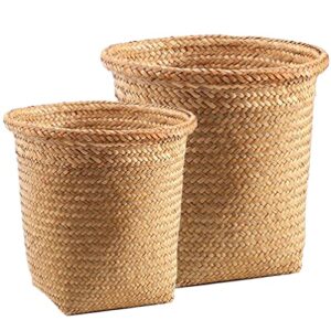 beavorty clothes hamper 2pcs woven waste basket rattan plant basket trash can wicker garbage container bin seagrass belly planter laundry basket storage basket for home office wicker storage basket