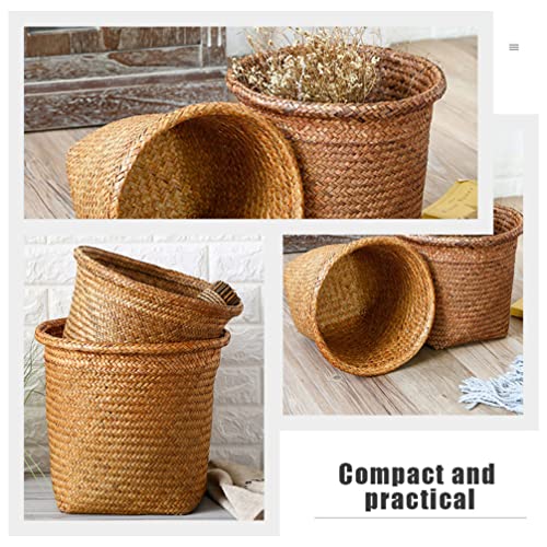 Beavorty Clothes Hamper 2pcs Woven Waste Basket Rattan Plant Basket Trash Can Wicker Garbage Container Bin Seagrass Belly Planter Laundry Basket Storage Basket for Home Office Wicker Storage Basket