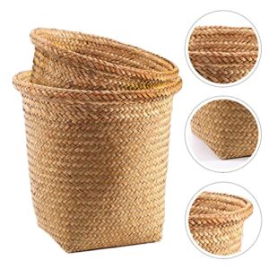 Beavorty Clothes Hamper 2pcs Woven Waste Basket Rattan Plant Basket Trash Can Wicker Garbage Container Bin Seagrass Belly Planter Laundry Basket Storage Basket for Home Office Wicker Storage Basket