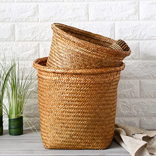 Beavorty Clothes Hamper 2pcs Woven Waste Basket Rattan Plant Basket Trash Can Wicker Garbage Container Bin Seagrass Belly Planter Laundry Basket Storage Basket for Home Office Wicker Storage Basket