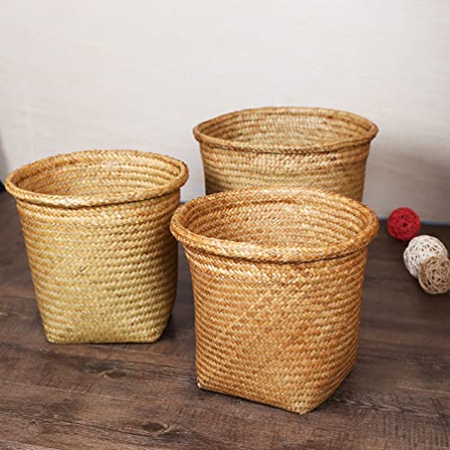 Beavorty Clothes Hamper 2pcs Woven Waste Basket Rattan Plant Basket Trash Can Wicker Garbage Container Bin Seagrass Belly Planter Laundry Basket Storage Basket for Home Office Wicker Storage Basket