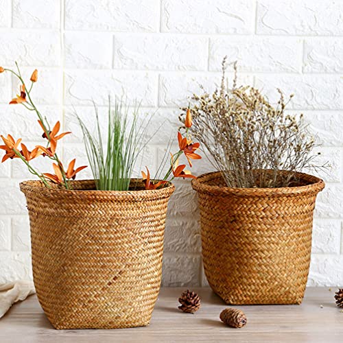 Beavorty Clothes Hamper 2pcs Woven Waste Basket Rattan Plant Basket Trash Can Wicker Garbage Container Bin Seagrass Belly Planter Laundry Basket Storage Basket for Home Office Wicker Storage Basket