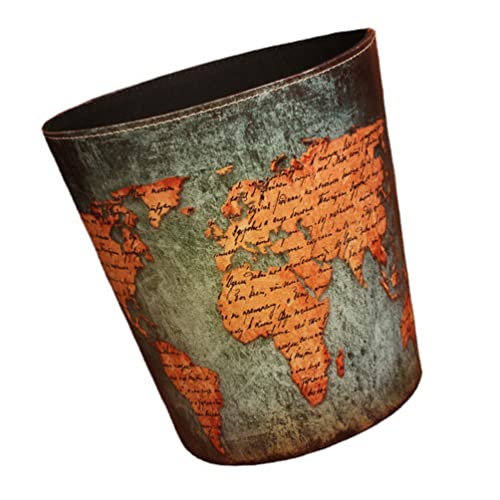 Zerodeko Livingroom Trash World Map Trash Can Waste Basket Pu Leather Garbage Container Toillet Paper Bin Laundry Hamper Plant Pot Storage Basket for Bathroom Office Dustbin Waste Storage Bucket