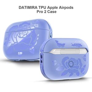 for Airpods Pro 2 Case (2022),DATIMIRA Rose Engraved TPU Apple airpods pro 2nd Generation Case Cover with Strap for Women and Girls,Blue