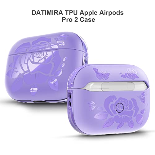 for Airpods Pro 2 Case (2022),DATIMIRA Rose Engraved TPU Apple airpods pro 2nd Generation Case Cover with Strap for Women and Girls,Purple