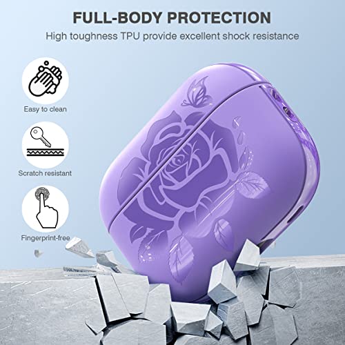 for Airpods Pro 2 Case (2022),DATIMIRA Rose Engraved TPU Apple airpods pro 2nd Generation Case Cover with Strap for Women and Girls,Purple