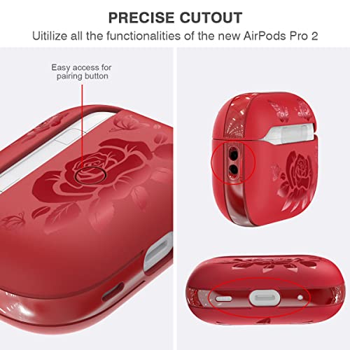 for Airpods Pro 2 Case (2022),DATIMIRA Rose Engraved TPU Apple airpods pro 2nd Generation Case Cover with Strap for Women and Girls,Christmas Red