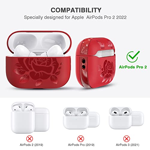 for Airpods Pro 2 Case (2022),DATIMIRA Rose Engraved TPU Apple airpods pro 2nd Generation Case Cover with Strap for Women and Girls,Christmas Red