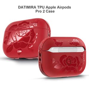 for Airpods Pro 2 Case (2022),DATIMIRA Rose Engraved TPU Apple airpods pro 2nd Generation Case Cover with Strap for Women and Girls,Christmas Red