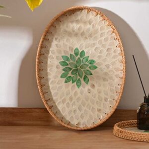 yiuhhad natural handmade shell rattan weaving tray, seashell inlaid oval splicing fruit plate durable and tough, breakfast, snacks,drinks, snack serving plate