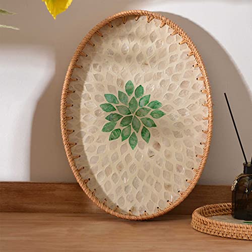 Yiuhhad Natural Handmade Shell Rattan Weaving Tray, Seashell Inlaid Oval Splicing Fruit Plate Durable and Tough, Breakfast, Snacks,Drinks, Snack Serving Plate