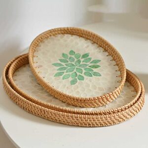 Yiuhhad Natural Handmade Shell Rattan Weaving Tray, Seashell Inlaid Oval Splicing Fruit Plate Durable and Tough, Breakfast, Snacks,Drinks, Snack Serving Plate