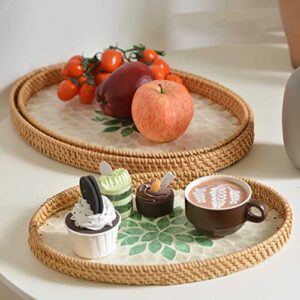 Yiuhhad Natural Handmade Shell Rattan Weaving Tray, Seashell Inlaid Oval Splicing Fruit Plate Durable and Tough, Breakfast, Snacks,Drinks, Snack Serving Plate