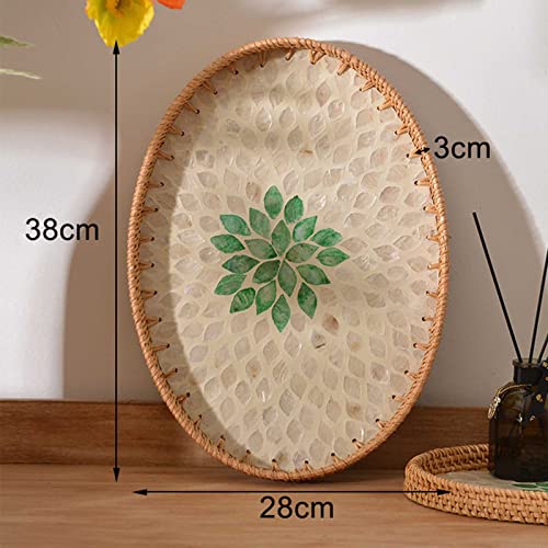 Yiuhhad Natural Handmade Shell Rattan Weaving Tray, Seashell Inlaid Oval Splicing Fruit Plate Durable and Tough, Breakfast, Snacks,Drinks, Snack Serving Plate