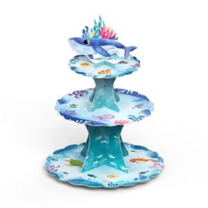 watercolor whale under the sea cardboard cupcake stand ocean birthday party decorations, 3-tier dessert cupcake stand holder for sea creature shark party fishing birthday party supplies baby shower