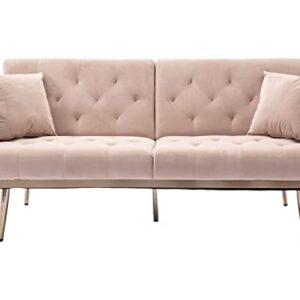 Velvet Futon Sofa Bed,Convertible Sofa Bed with Adjustable Backrest, Modern LoveSeat Sofa Couch for Living Room,Bedroom,Office（Pink）