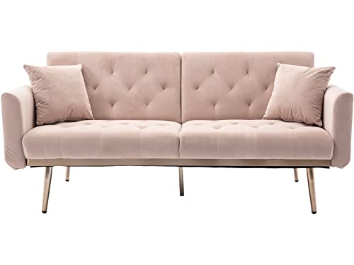 Velvet Futon Sofa Bed,Convertible Sofa Bed with Adjustable Backrest, Modern LoveSeat Sofa Couch for Living Room,Bedroom,Office（Pink）