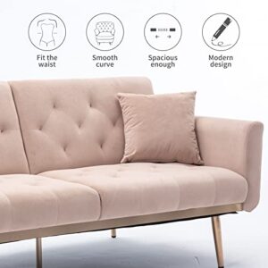 Velvet Futon Sofa Bed,Convertible Sofa Bed with Adjustable Backrest, Modern LoveSeat Sofa Couch for Living Room,Bedroom,Office（Pink）