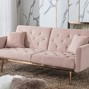 Velvet Futon Sofa Bed,Convertible Sofa Bed with Adjustable Backrest, Modern LoveSeat Sofa Couch for Living Room,Bedroom,Office（Pink）