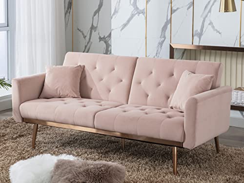 Velvet Futon Sofa Bed,Convertible Sofa Bed with Adjustable Backrest, Modern LoveSeat Sofa Couch for Living Room,Bedroom,Office（Pink）