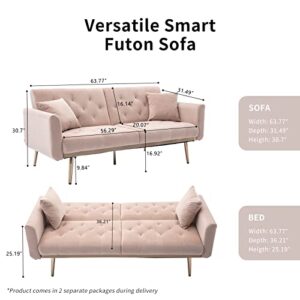 Velvet Futon Sofa Bed,Convertible Sofa Bed with Adjustable Backrest, Modern LoveSeat Sofa Couch for Living Room,Bedroom,Office（Pink）