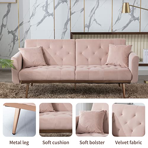 Velvet Futon Sofa Bed,Convertible Sofa Bed with Adjustable Backrest, Modern LoveSeat Sofa Couch for Living Room,Bedroom,Office（Pink）