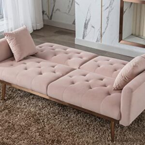 Velvet Futon Sofa Bed,Convertible Sofa Bed with Adjustable Backrest, Modern LoveSeat Sofa Couch for Living Room,Bedroom,Office（Pink）