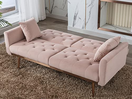 Velvet Futon Sofa Bed,Convertible Sofa Bed with Adjustable Backrest, Modern LoveSeat Sofa Couch for Living Room,Bedroom,Office（Pink）