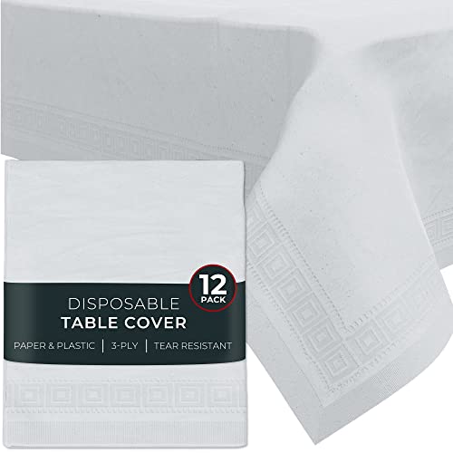 Paper Tablecloths for Rectangle Tables | 54” X 108” – 12 Pack | White Paper Disposable Tablecloth | 3-Ply Premium Paper & Plastic Table Cloths for Parties Disposable