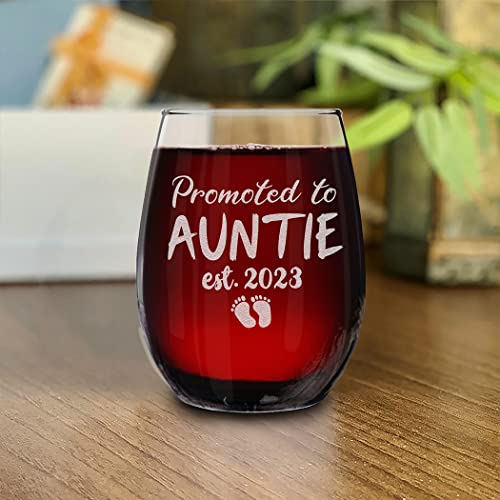 shop4ever® Promoted To Auntie Est 2023 Engraved Stemless Wine Glass Gift for First Time Aunt, New Auntie, Aunt to Be Announcement
