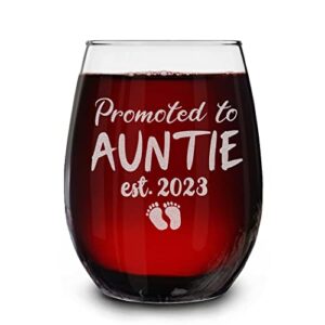 shop4ever® promoted to auntie est 2023 engraved stemless wine glass gift for first time aunt, new auntie, aunt to be announcement
