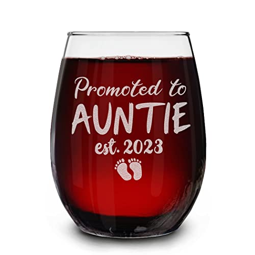 shop4ever® Promoted To Auntie Est 2023 Engraved Stemless Wine Glass Gift for First Time Aunt, New Auntie, Aunt to Be Announcement