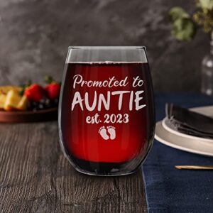 shop4ever® Promoted To Auntie Est 2023 Engraved Stemless Wine Glass Gift for First Time Aunt, New Auntie, Aunt to Be Announcement