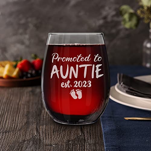 shop4ever® Promoted To Auntie Est 2023 Engraved Stemless Wine Glass Gift for First Time Aunt, New Auntie, Aunt to Be Announcement