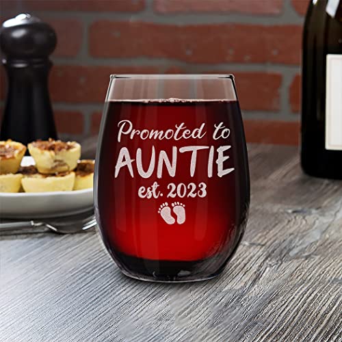 shop4ever® Promoted To Auntie Est 2023 Engraved Stemless Wine Glass Gift for First Time Aunt, New Auntie, Aunt to Be Announcement