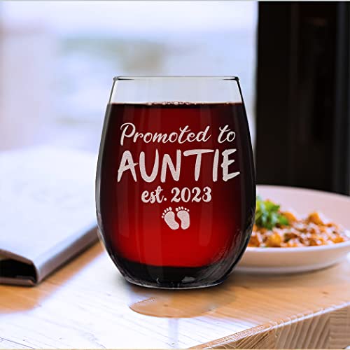 shop4ever® Promoted To Auntie Est 2023 Engraved Stemless Wine Glass Gift for First Time Aunt, New Auntie, Aunt to Be Announcement