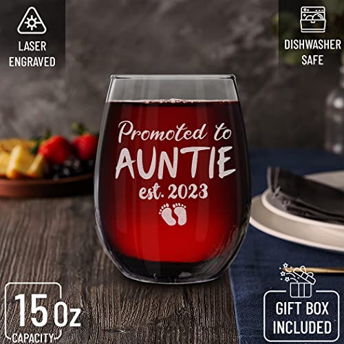 shop4ever® Promoted To Auntie Est 2023 Engraved Stemless Wine Glass Gift for First Time Aunt, New Auntie, Aunt to Be Announcement