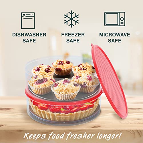 HOUZZKINGZ USA Pie Carrier Cake Storage Container with Lid | 10.5" Large Round Plastic Cupcake Cheesecake Muffin Flan Cookie Airtight Tortilla Holder | Pie Keeper Transport Container