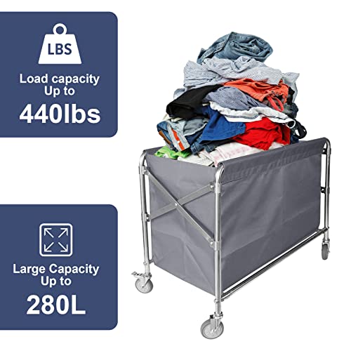 Folding Laundry Cart Commercial Rolling Laundry Basket Trucks with Wheels 440lbs Load Capacity Stainless Steel Laundry Trolley Cart for Industrial/Home 34 * 21 * 31inches (Gray)