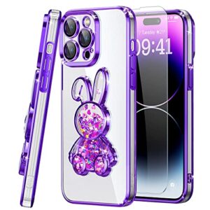 niufoey iphone 14 pro max case liquid quicksand, cute plating rabbit bling glitter liquid floatng bling quicksand case with camera protection,soft tpu bumper protection cover-purple
