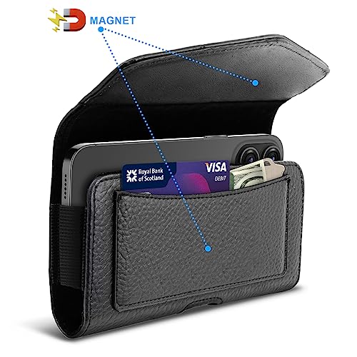 Leather Cell Phone Holster with Belt Loop Horizontal Phone Belt Holder for Men Carrying Phone Pouches RFID Blocking Wallet Black for iPhone 14, 13，12，11,14Pro，13Pro,12 Pro,Samsung, Motorola.