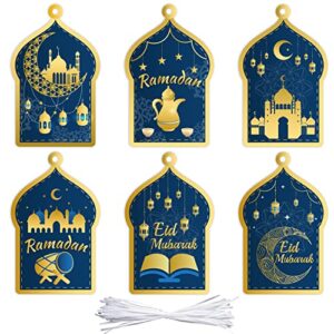 watinc 60pcs ramadan hanging tag labels decorations, eid mubarak hang ornaments with ribbons for wall tree fireplace, ramadan kareem eid al-fitr party gift wrap tag present decor supplies (blue)