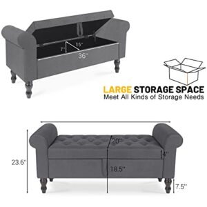 Polar Aurora Storage Bench with Upholstered Rolled Arm Ottoman Bench Couch w/Solid Wood Legs for Bedroom End of Bed, Entryway and Living Room (Gray)