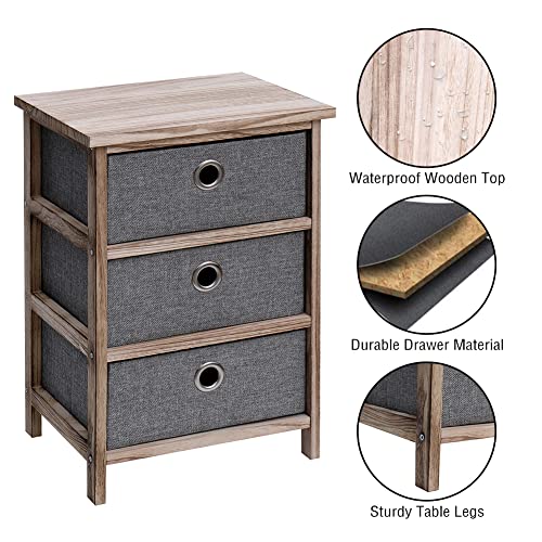 Babion Nightstands Set of 2, Bedside Tables for Bedroom Night Stand with Removable 3 Drawer Nightstand Gray Side Tables Bedroom Small Nightstand with Fabric Storage Drawers Wood Frame (Gray)