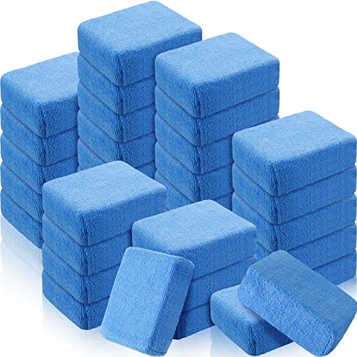 Riakrum 32 Pieces Microfiber Applicator Pads Detailing Car Wax Applicator Blue Microfiber Sponge for Car Ceramic Coating Applicator Pad Tire Shine Applicator Car Cleaning Pad for Applying Wax Foam